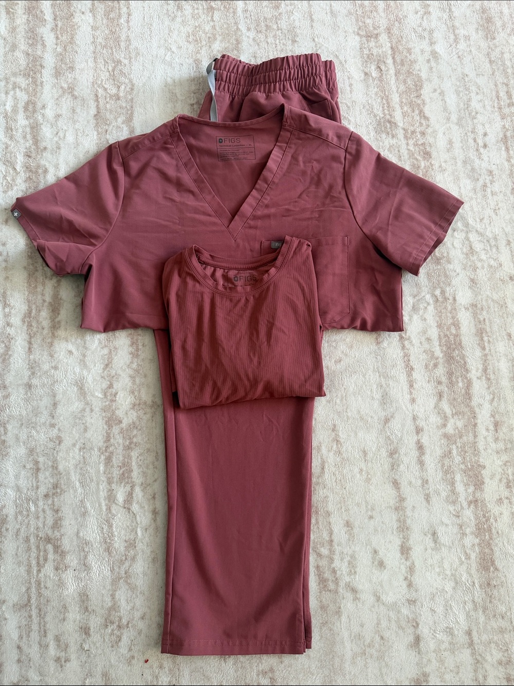 FIGS Women's Catarina Scrub Top, Ribbed long sleeve and Pants Set in Mauve